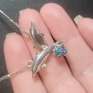 925 Sterling Silver Double Dolphin Blue Topaz Stone Figaro Link Chain 18" Vintag